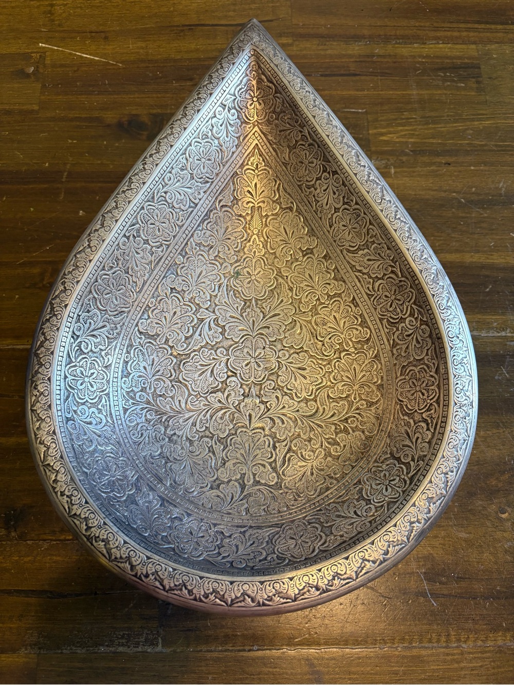 Vintage Pewter Teardrop Engraved Footed Dish Platter Ornate MCM Bowl Leaf Decor